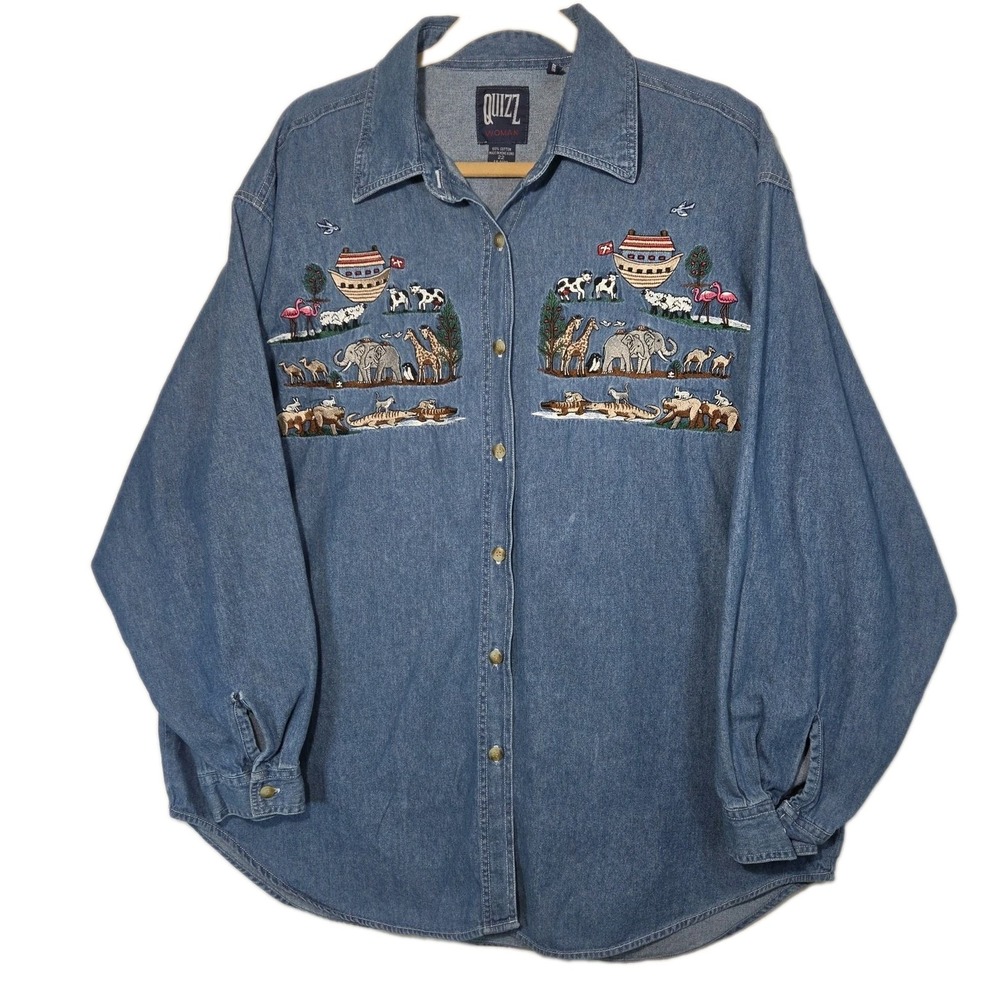 Quizz Noahs Ark Animal Embroidered Denim Shirt 22W Plus Quizz Cottagecore Granny